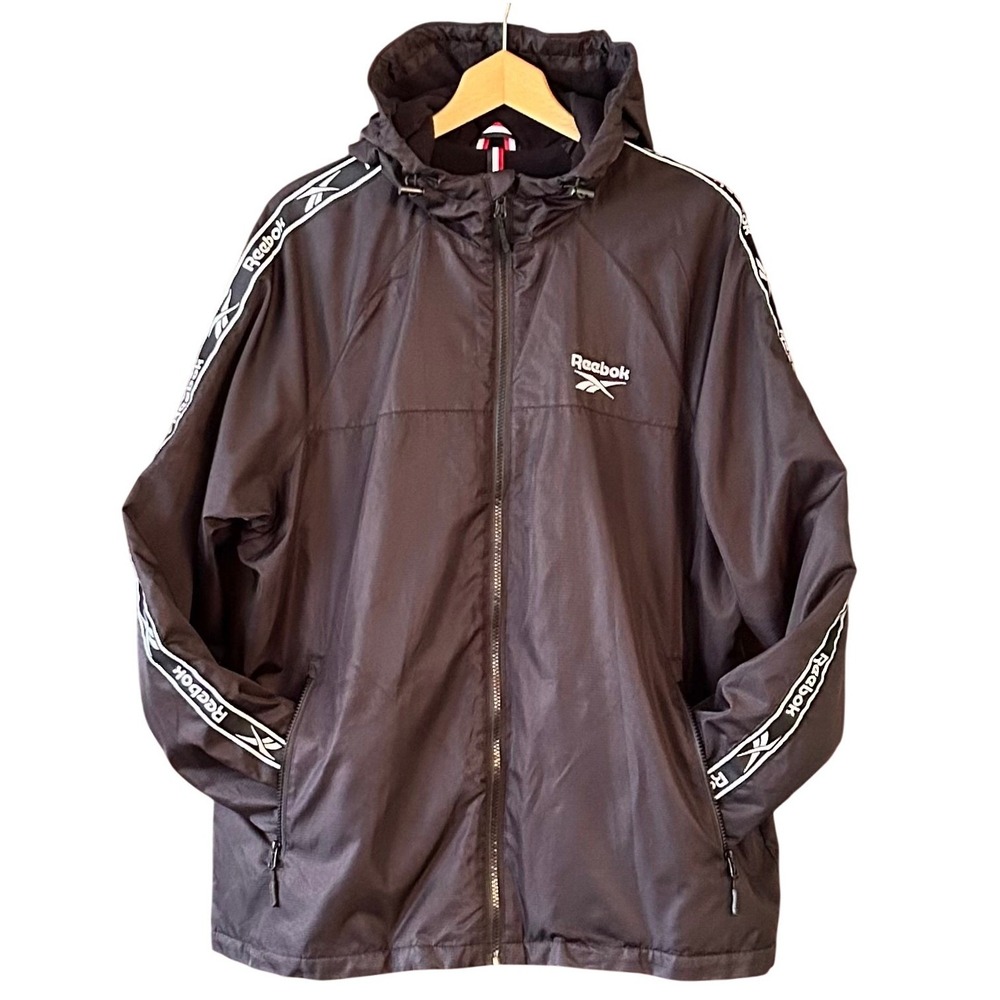 Reebok Mens XL Black Hooded Jacket Fleece Lined Funnel Toggle Neck Windbreaker